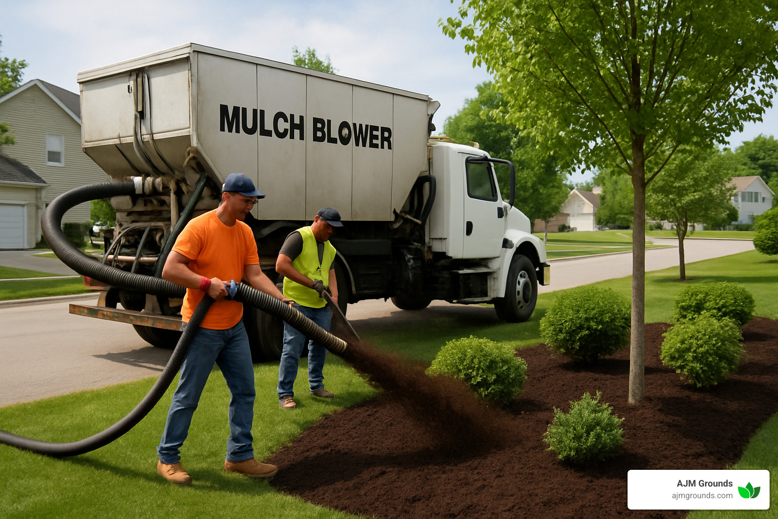 mulch blower truck in action - mulch install near me