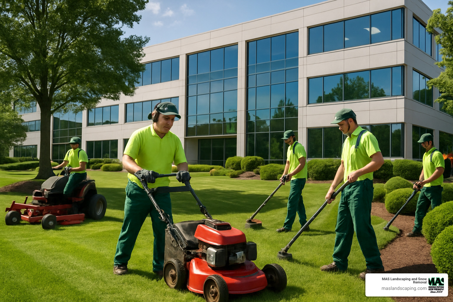 landscape maintenance crew working on a commercial property - commercial landscaping malden ma