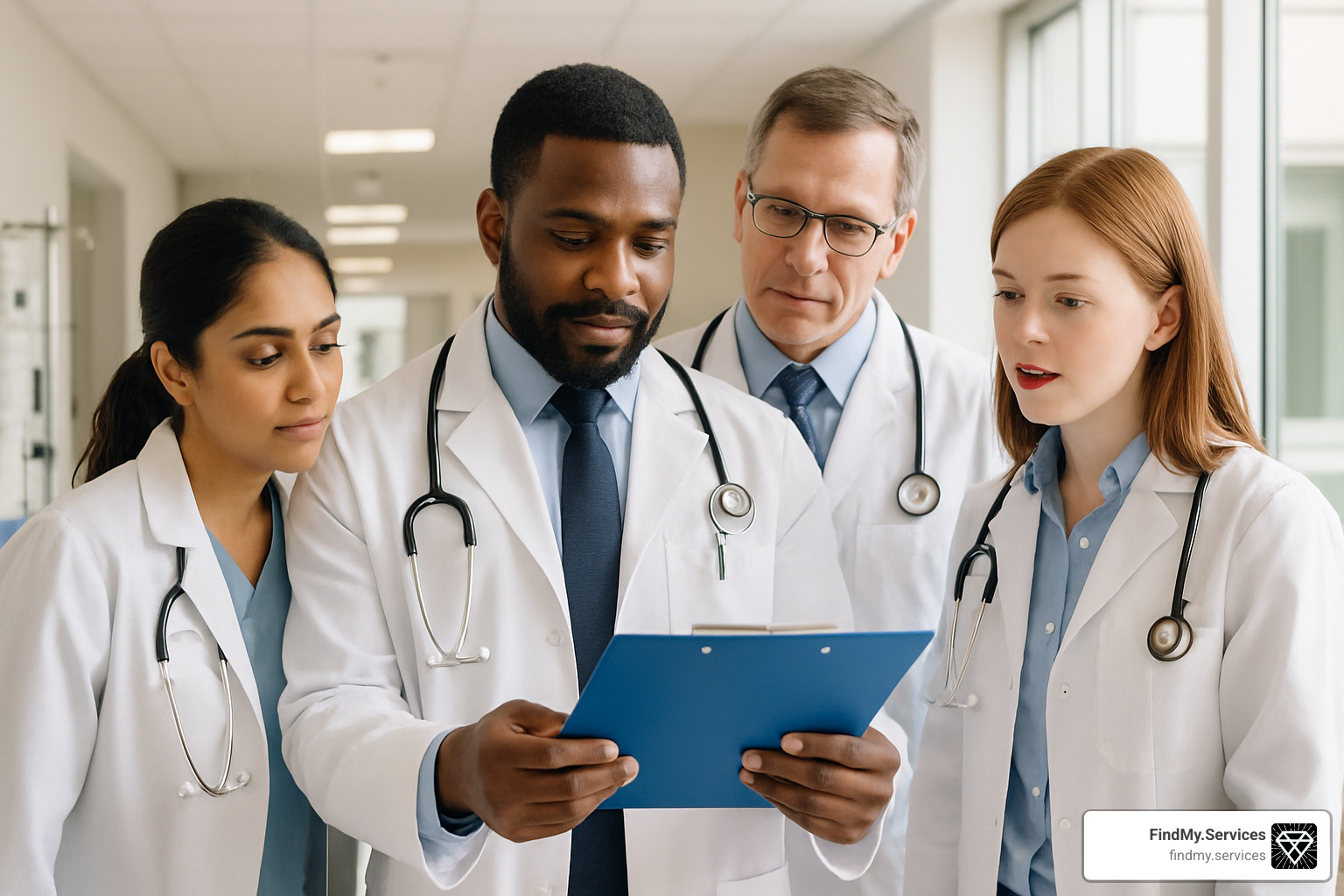 doctors reviewing patient chart in hospital corridor - reliable health providers