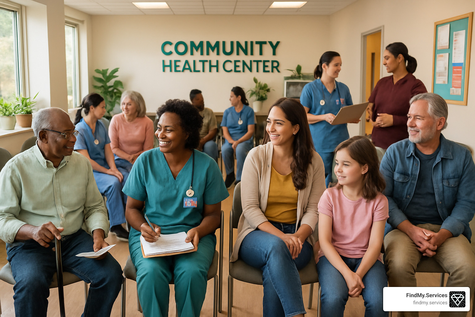 community health center waiting room with diverse patients - reliable health providers