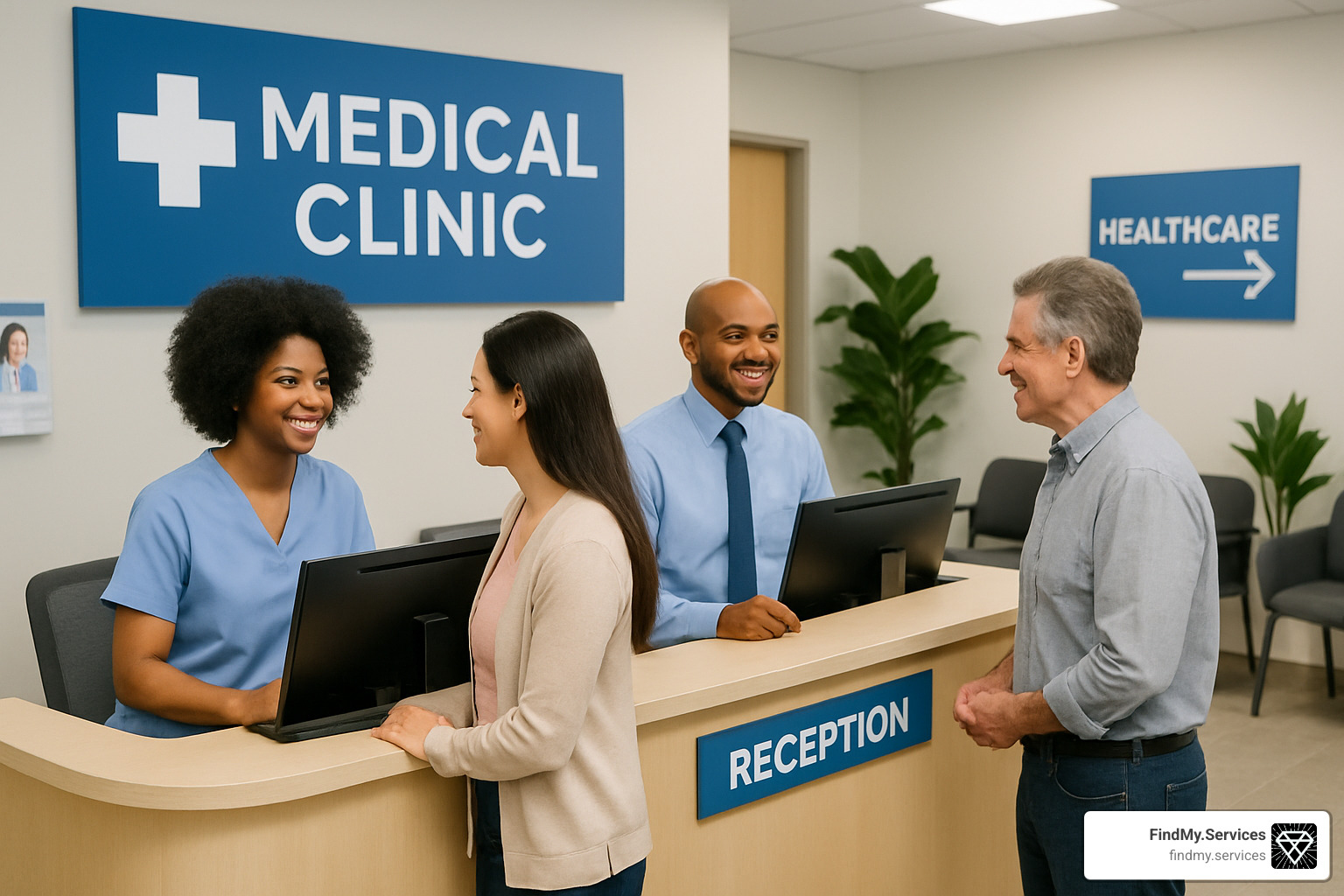 medical clinic reception area with friendly staff - reliable health providers