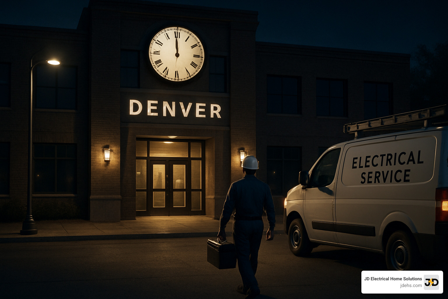 clock showing midnight with electrician arriving at business - 24 hour commercial electrician Denver clock showing midnight with electrician arriving at business - 24 hour commercial electrician Denver