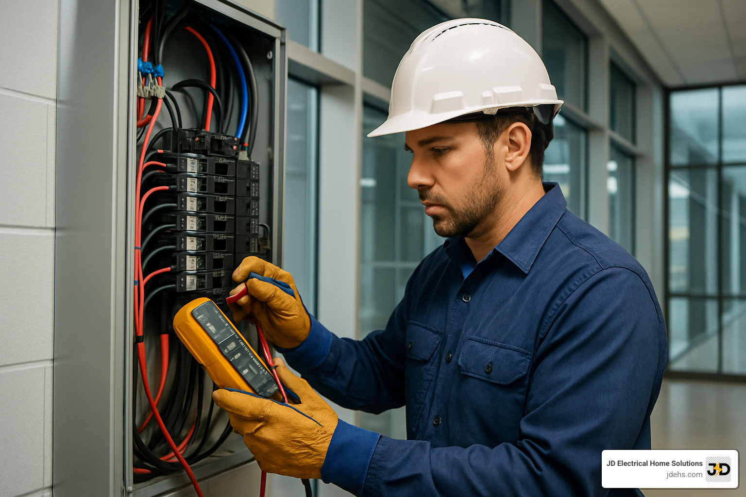 electrician testing commercial electrical panel with diagnostic equipment - 24 hour commercial electrician Denver electrician testing commercial electrical panel with diagnostic equipment - 24 hour commercial electrician Denver