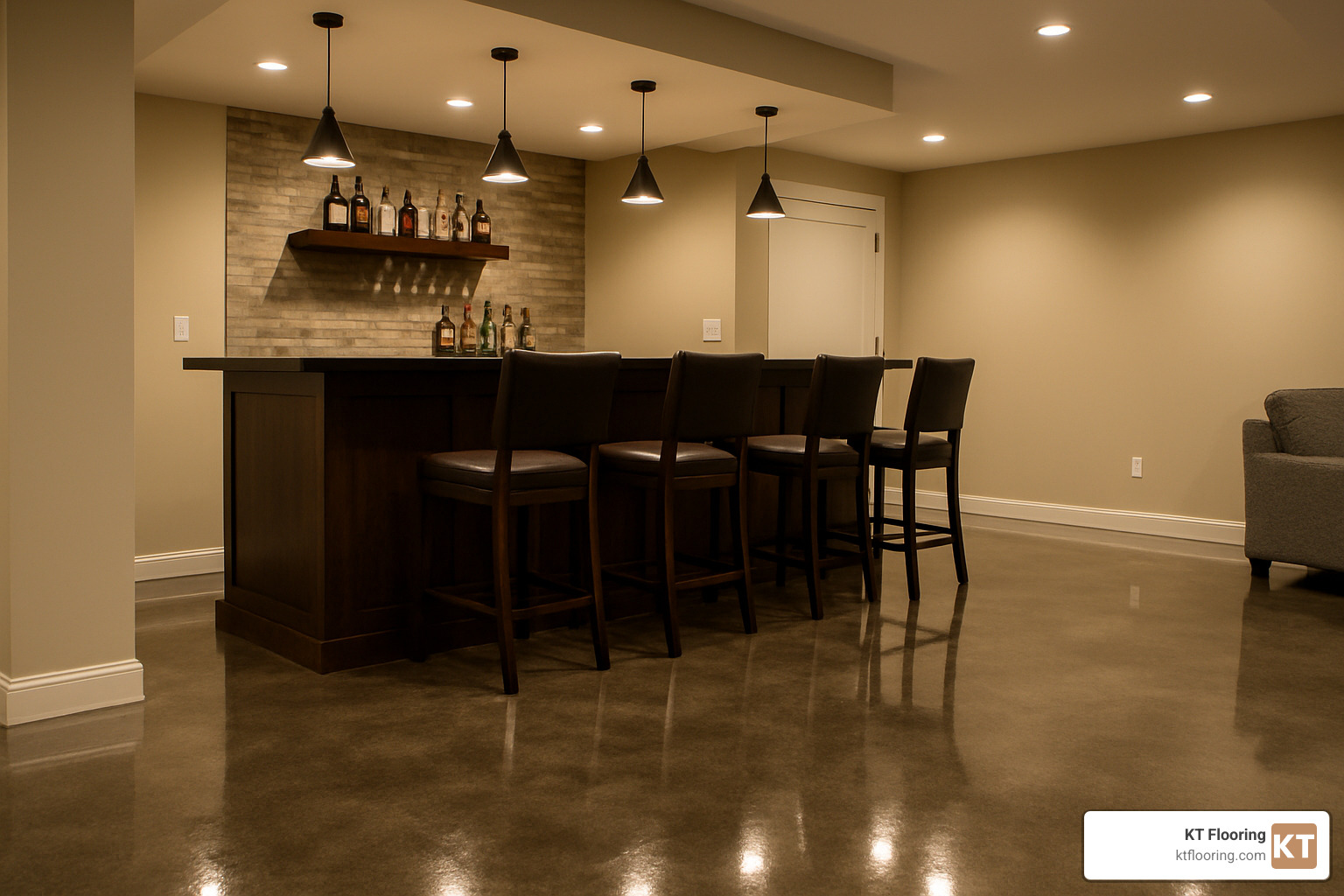 polished concrete basement floor with bar area - Best flooring for basements