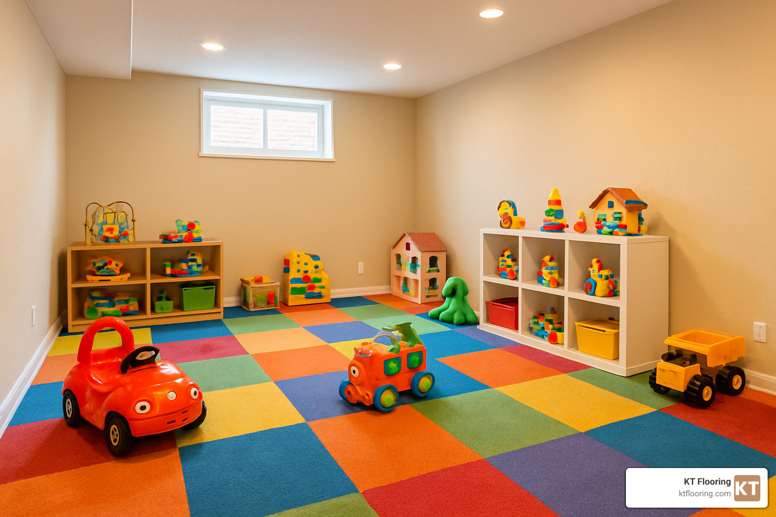 colorful carpet tiles in a basement playroom - Best flooring for basements