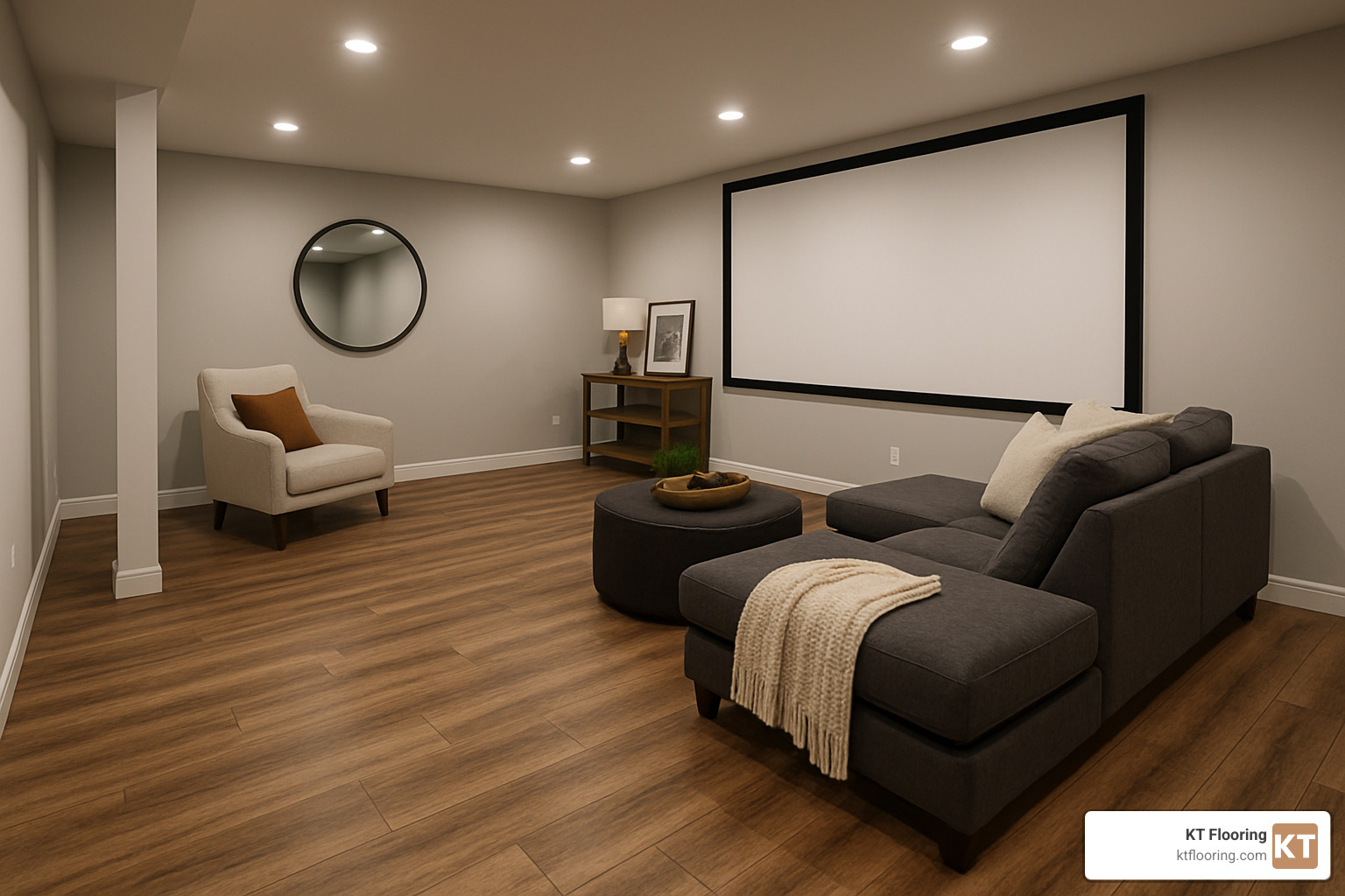 luxury vinyl plank installed in a basement media room - Best flooring for basements