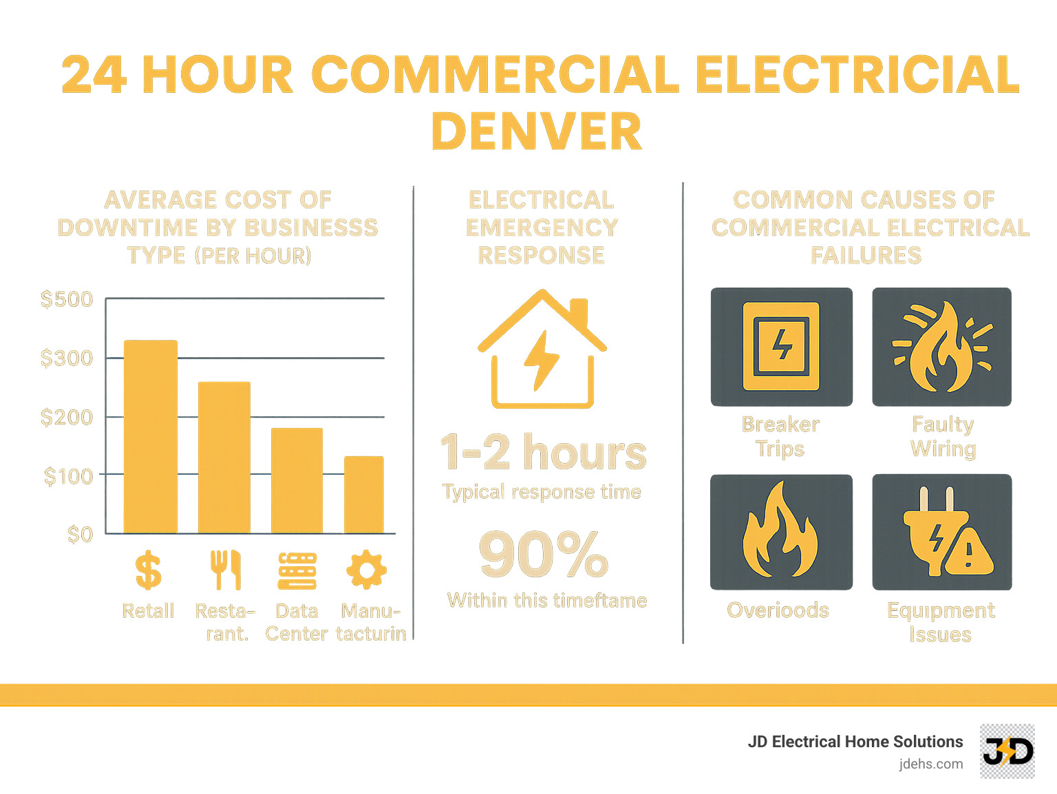 Infographic showing the average cost of downtime for different business types per hour, electrical emergency response statistics, and common causes of commercial electrical failures in Denver - 24 hour commercial electrician Denver infographic Infographic showing the average cost of downtime for different business types per hour, electrical emergency response statistics, and common causes of commercial electrical failures in Denver - 24 hour commercial electrician Denver infographic