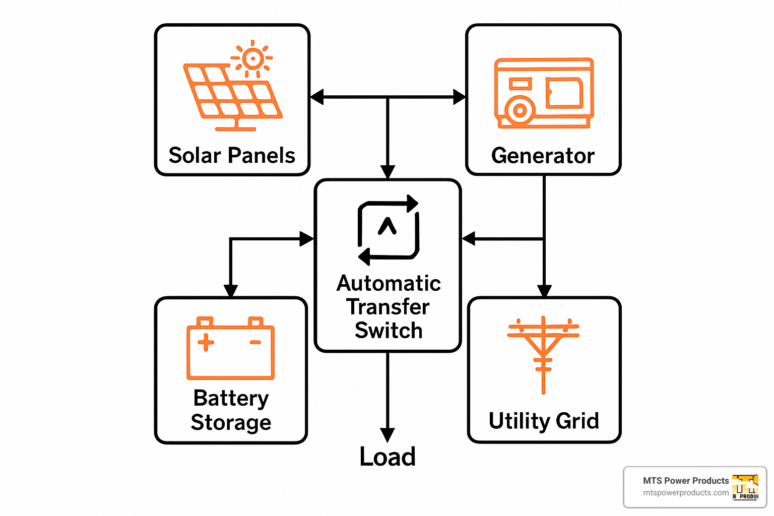 block diagram showing integration of solar, battery, generator and grid power - how to wire an automatic transfer switch for a generator