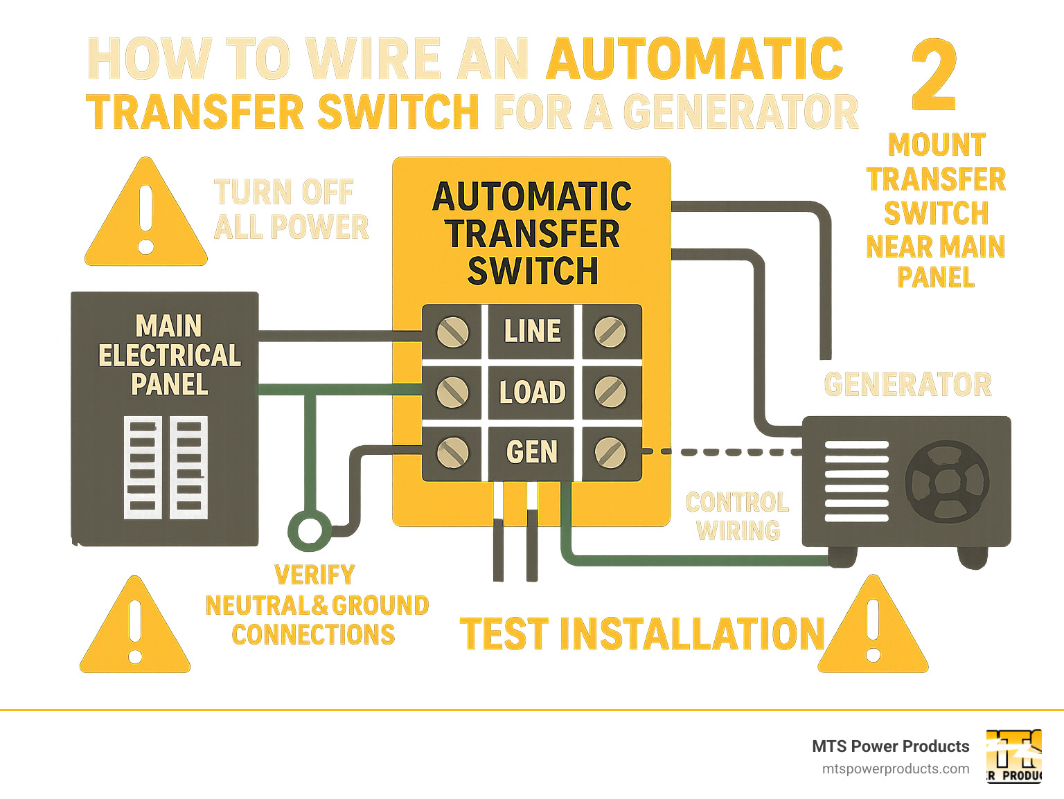Detailed infographic showing step-by-step wiring process of an automatic transfer switch with labeled terminals, proper grounding connections, and safety warnings for installation between a main electrical panel and generator - how to wire an automatic transfer switch for a generator infographic 