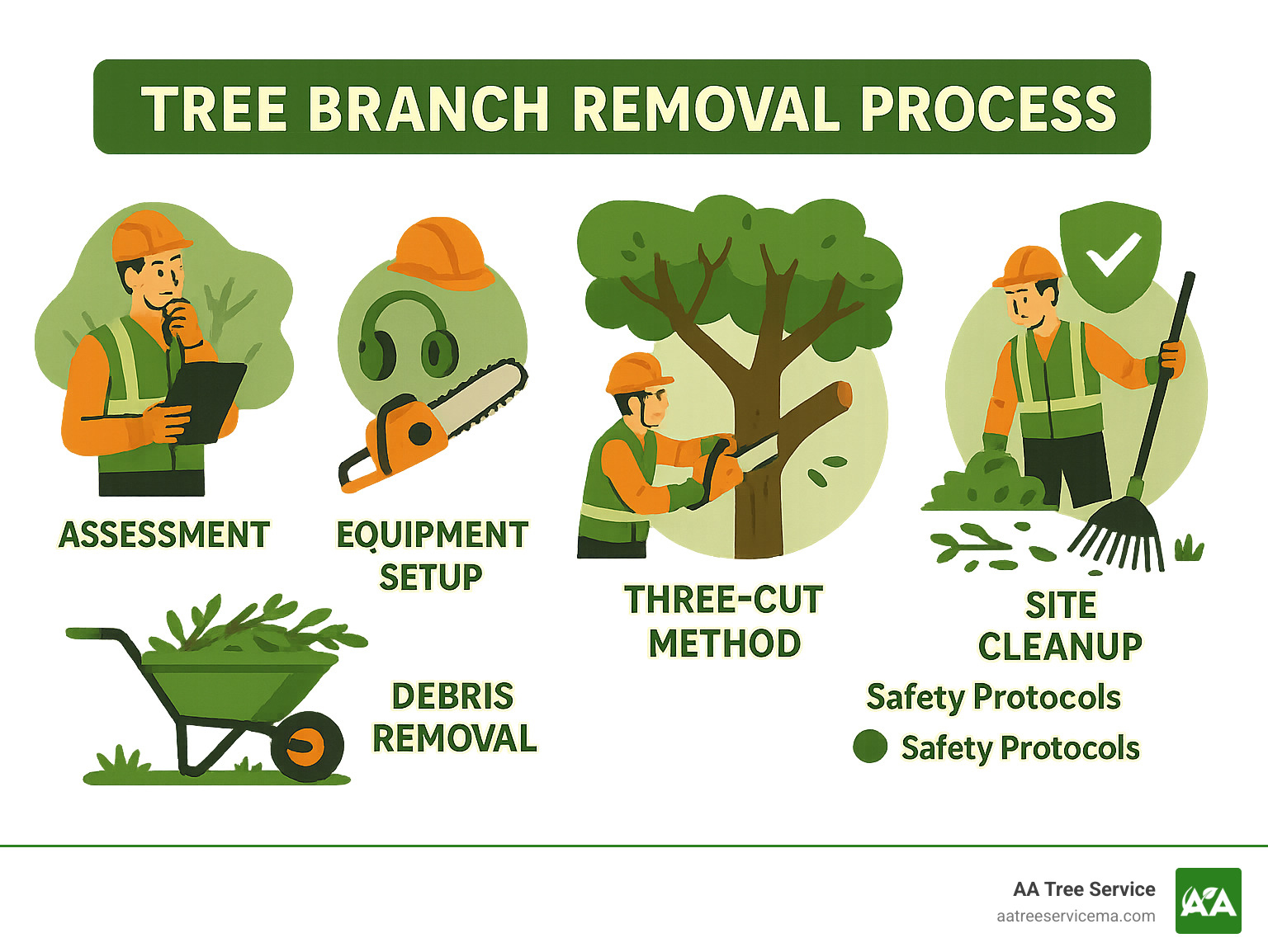 Infographic showing the professional tree branch removal process including assessment, equipment setup, three-cut method technique, debris removal, and site cleanup with safety protocols highlighted - tree branch removal service infographic