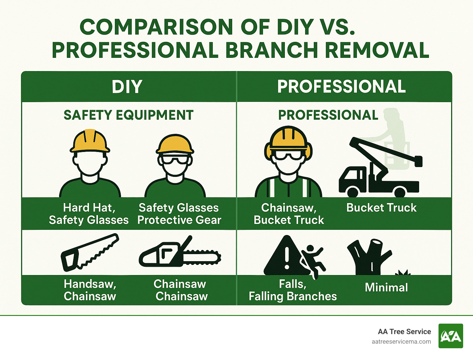 Comparison of DIY vs Professional branch removal showing safety equipment, required tools, and risk factors - tree branch removal service infographic