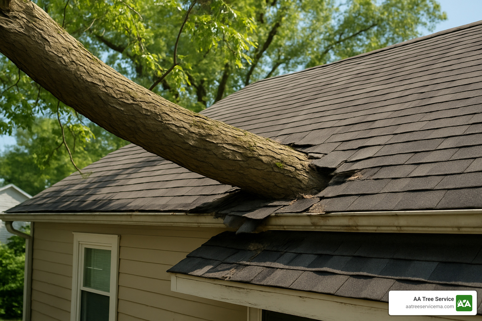 tree branch touching roof with visible damage to shingles - tree branch removal service
