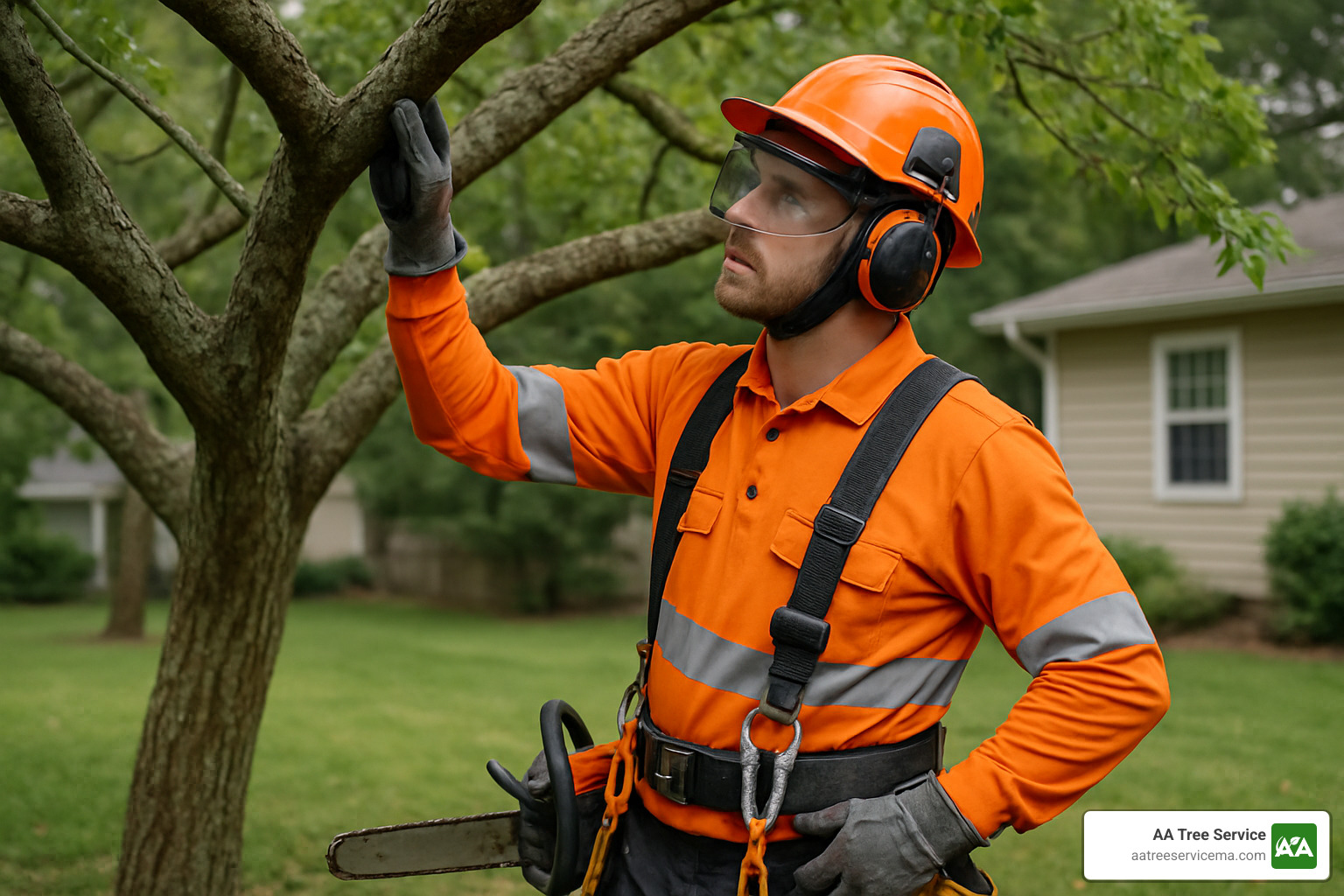 certified arborist examining tree branches before removal - tree branch removal service