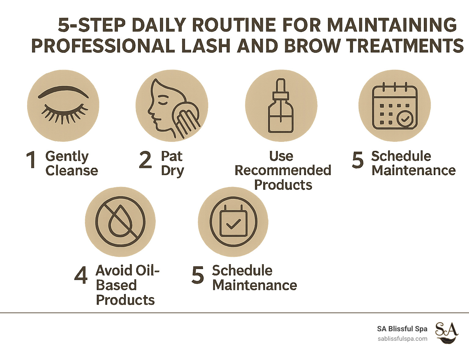 5-step daily routine for maintaining professional lash and brow treatments including gentle cleansing, proper drying techniques, product recommendations, and when to schedule maintenance appointments - brows and lashes Burlington infographic 5-step daily routine for maintaining professional lash and brow treatments including gentle cleansing, proper drying techniques, product recommendations, and when to schedule maintenance appointments - brows and lashes Burlington infographic