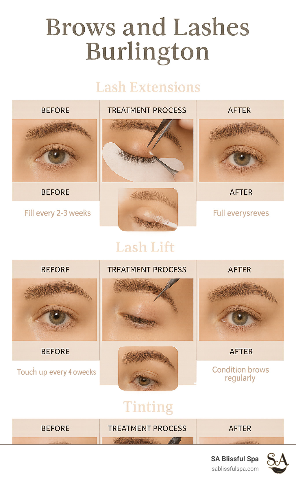 Comparison of different brow and lash treatments showing before/after results, treatment process, and maintenance requirements for lash extensions, lash lifts, brow lamination, and tinting services available in Burlington - brows and lashes Burlington infographic Comparison of different brow and lash treatments showing before/after results, treatment process, and maintenance requirements for lash extensions, lash lifts, brow lamination, and tinting services available in Burlington - brows and lashes Burlington infographic