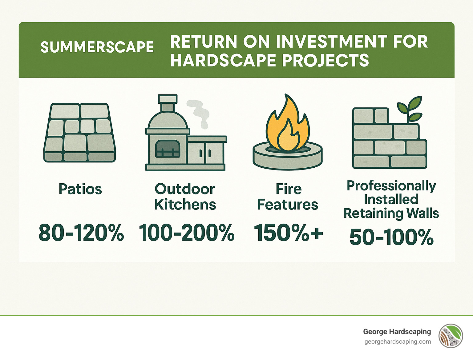 Statistics showing the return on investment for various hardscape projects, including patios (80-120%), outdoor kitchens (100-200%), fire features (150%+), and professionally installed retaining walls (50-100%) - structural landscaping infographic 