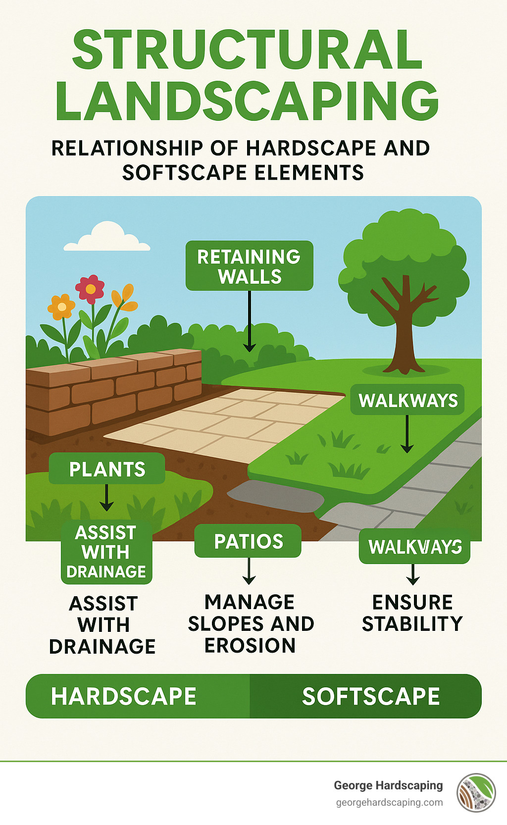 Structural landscaping diagram showing the relationship between hardscape elements (retaining walls, patios, walkways) and softscape elements (plants, trees, lawn), with annotations explaining how each component contributes to drainage, stability, and aesthetics - structural landscaping infographic 