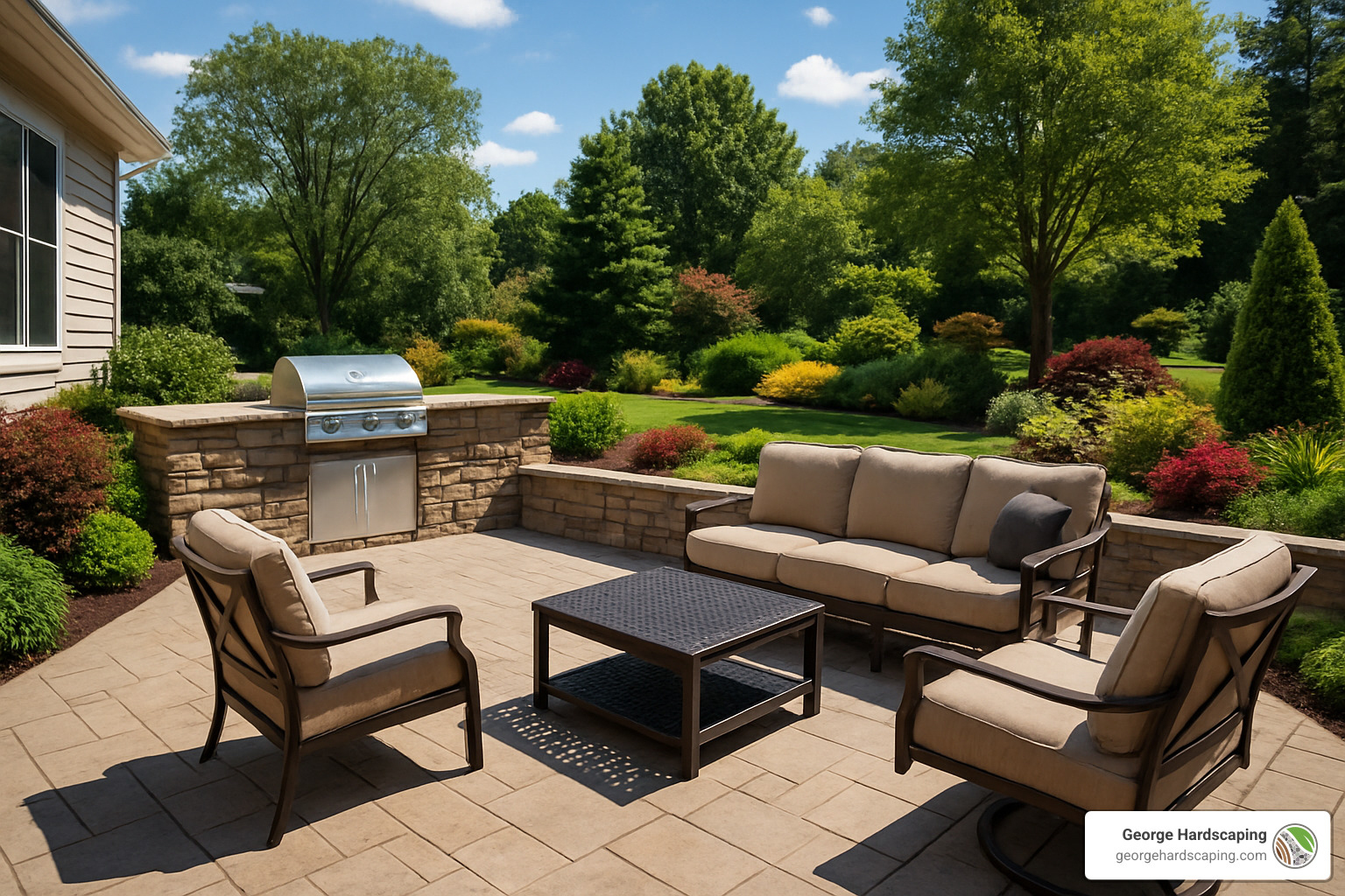 patio with stone retaining wall and outdoor kitchen - structural landscaping