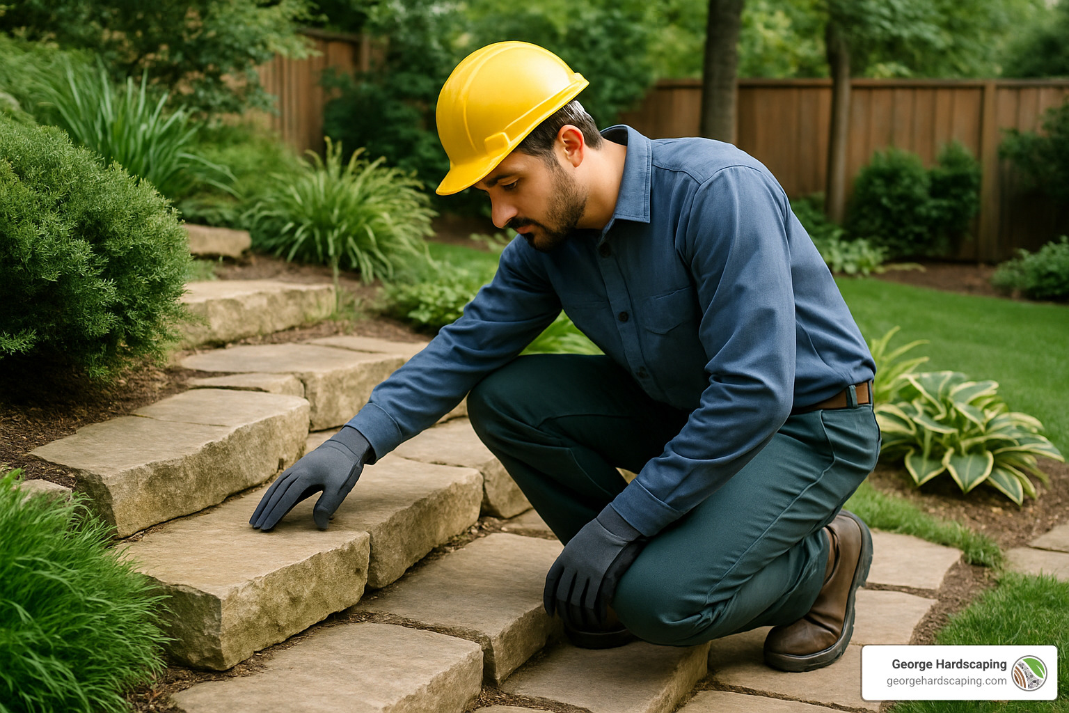 landscaper inspecting stone steps - structural landscaping