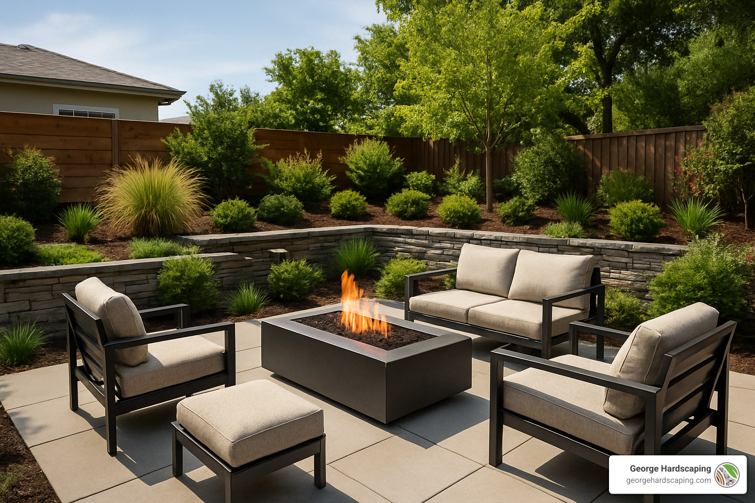 modern patio with fire pit and retaining wall - structural landscaping