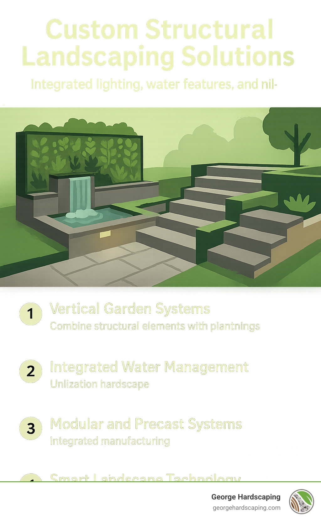 Custom structural landscaping solutions showing integrated lighting, water features, and multi-level design - structural landscaping infographic 