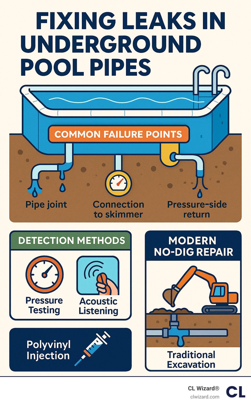 Diagram showing underground pool pipe leaks with three sections: 1) Common failure points showing pipe joints, connections to skimmers, and pressure-side returns 2) Detection methods including pressure testing and acoustic listening 3) Modern no-dig repair method using polyvinyl injection compared to traditional excavation - fixing leaks in underground pool pipes infographic 