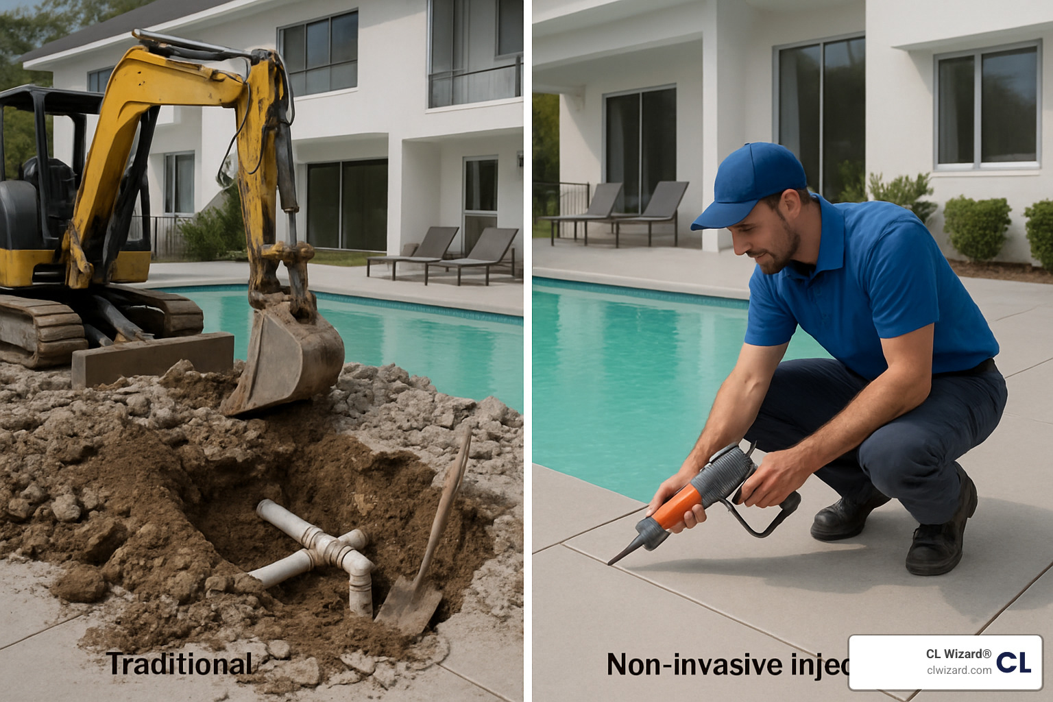 comparison of traditional excavation vs injection method - fixing leaks in underground pool pipes