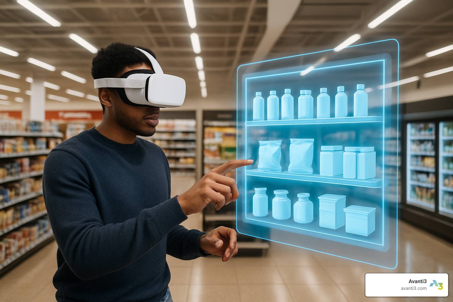 Person using VR headset in retail environment with digital product display - AR VR for brands