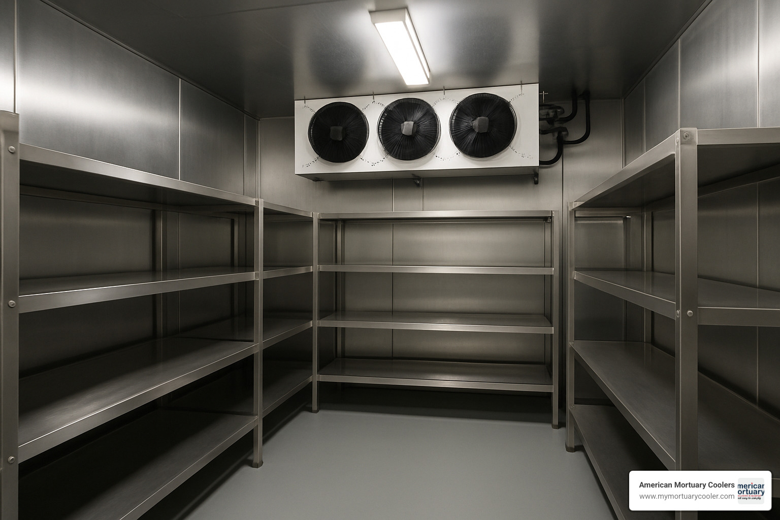 Commercial mortuary cooler showing cooling components - Funeral home refrigeration Commercial mortuary cooler showing cooling components - Funeral home refrigeration