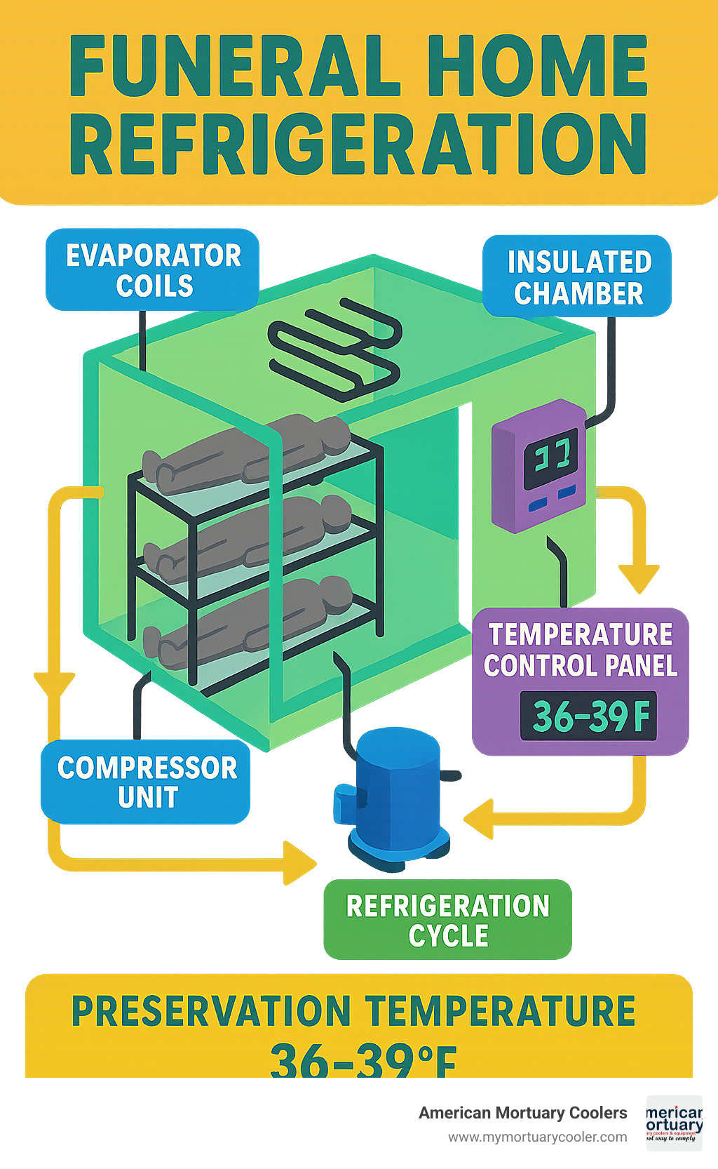 Diagram showing the components of funeral home refrigeration systems including compressor unit, evaporator coils, insulated chamber with body storage racks, temperature control panel, and the refrigeration cycle that maintains 36-39°F preservation temperature - Funeral home refrigeration infographic  Diagram showing the components of funeral home refrigeration systems including compressor unit, evaporator coils, insulated chamber with body storage racks, temperature control panel, and the refrigeration cycle that maintains 36-39°F preservation temperature - Funeral home refrigeration infographic
