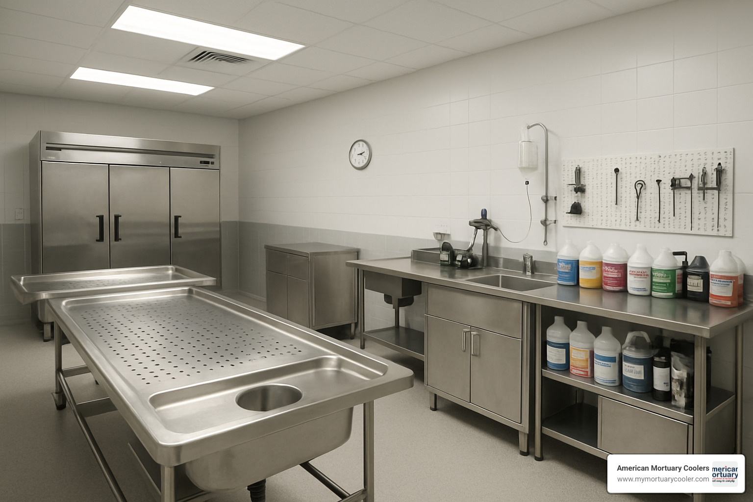 Modern preparation room with equipment from various suppliers - embalmers supply company