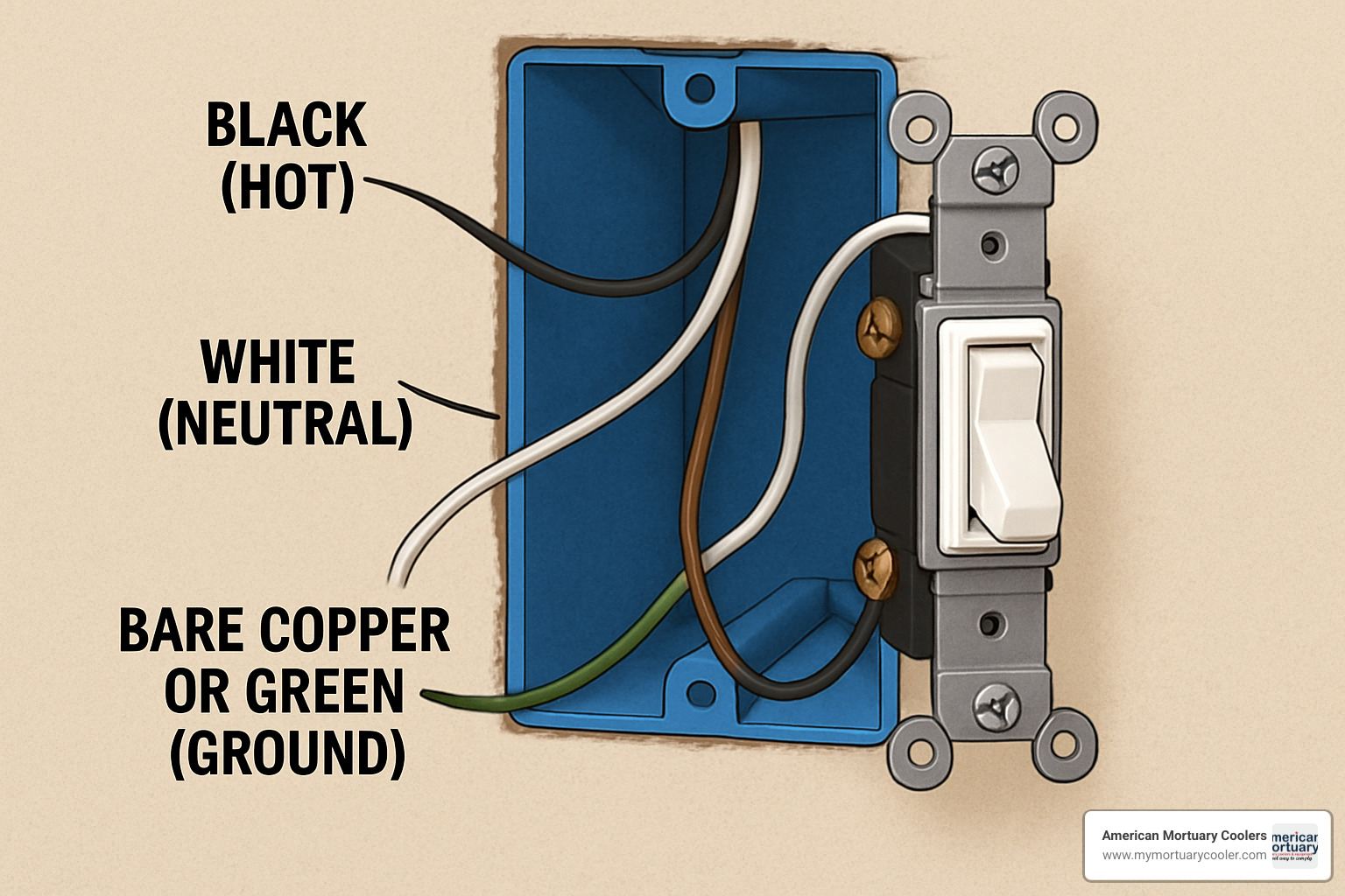 Labeled electrical box showing hot, neutral and ground wire connections for a single pole switch - wiring diagram for a single pole switch