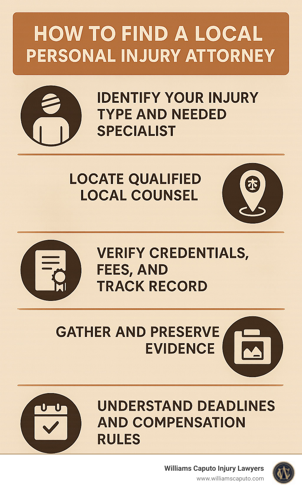 Summary of five steps to finding and working with a local personal injury attorney: 1) Identify your injury type and needed specialist 2) Locate qualified local counsel 3) Verify credentials, fees and track record 4) Gather and preserve evidence 5) Understand deadlines and compensation rules - attorney injury near me infographic 