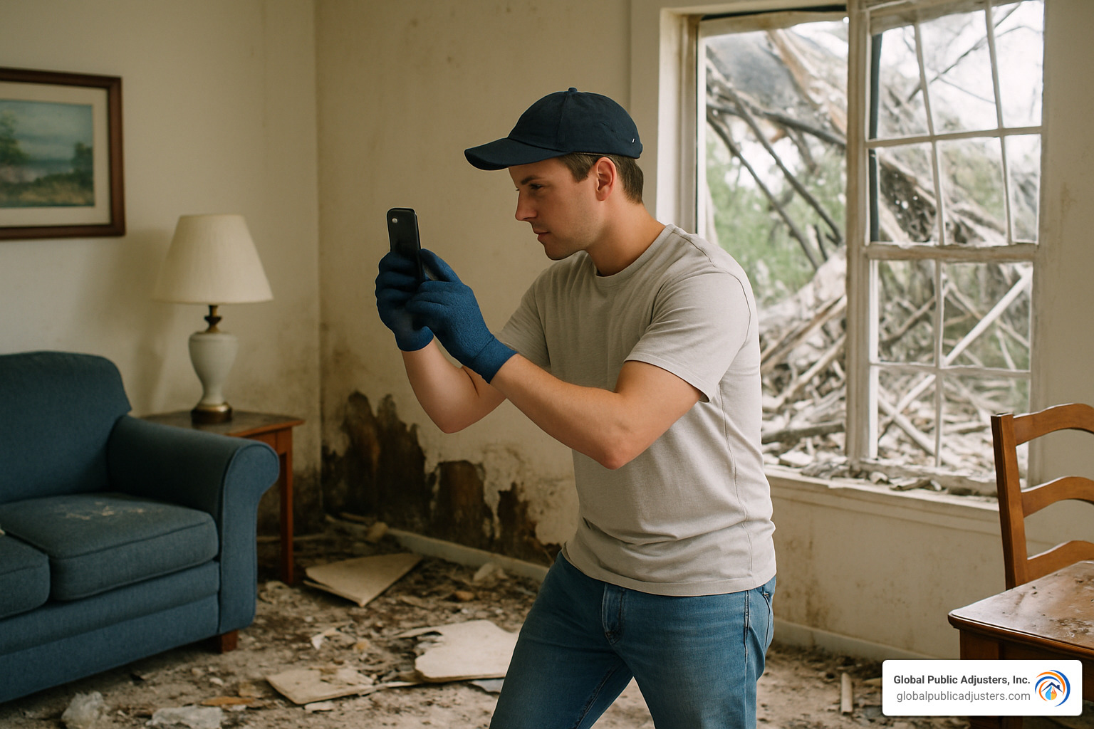 person documenting hurricane damage with smartphone - hurricane damage claims