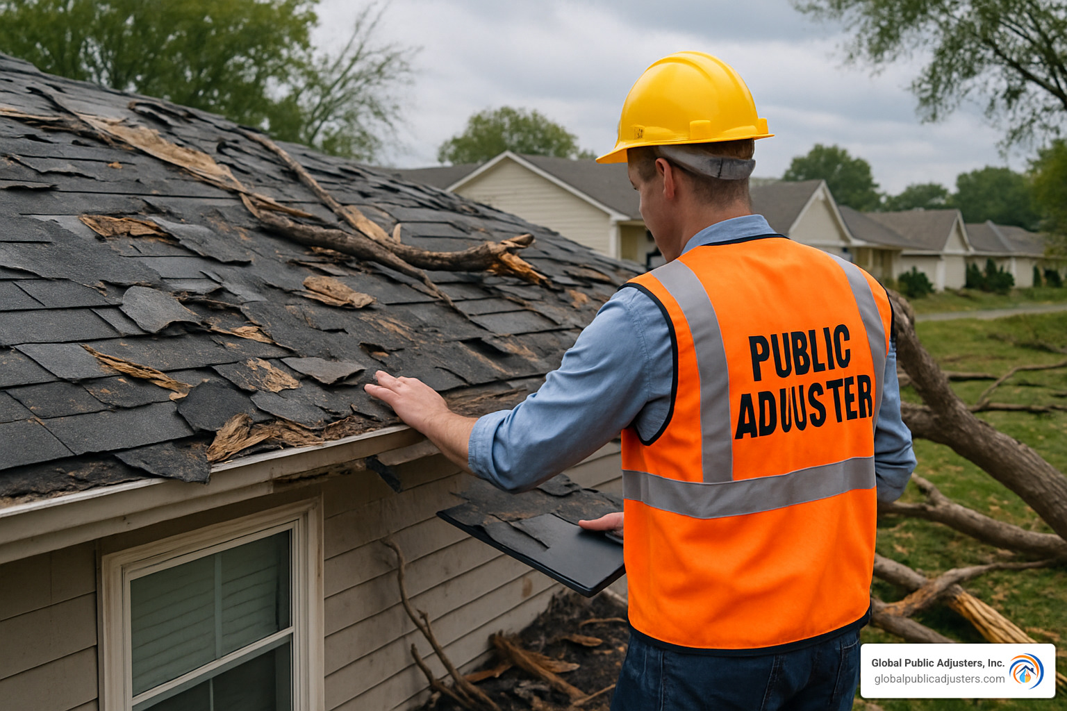 public adjuster inspecting hurricane roof damage - hurricane damage claims