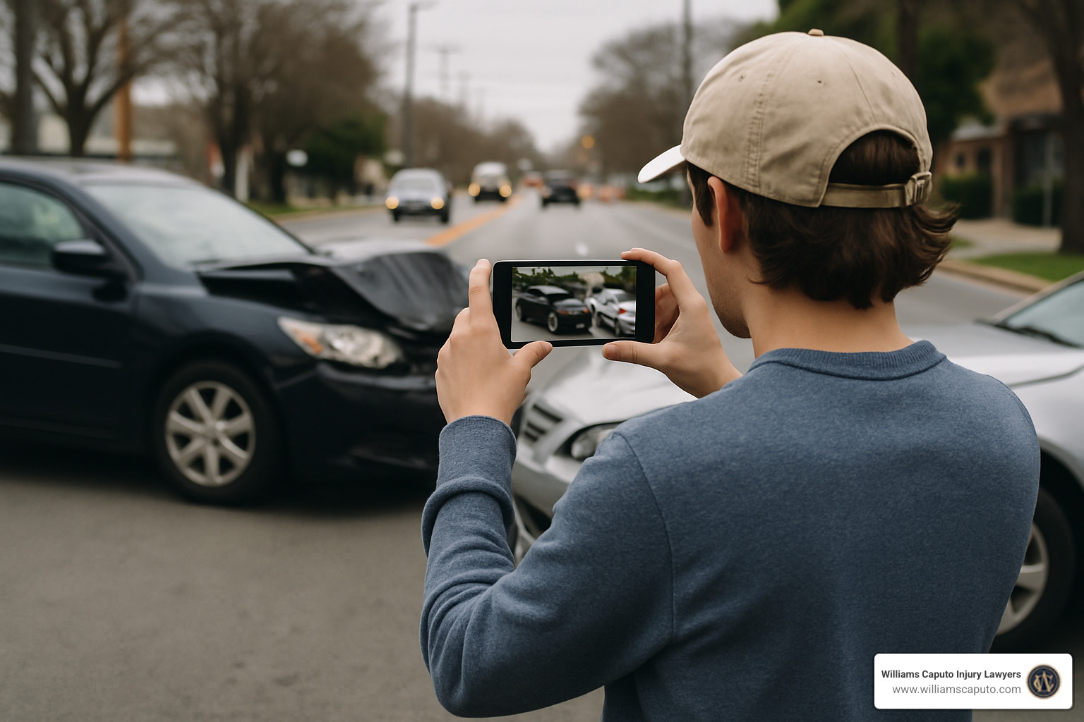 person taking photos of accident scene - attorney injury near me