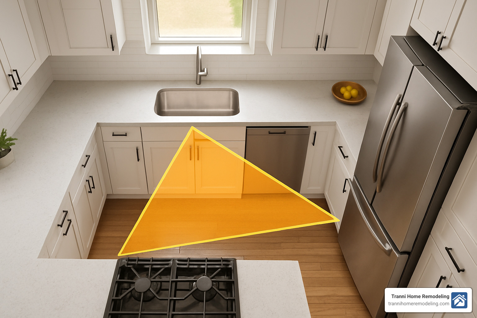 Optimized kitchen layout with work triangle highlighted - kitchen renovations
