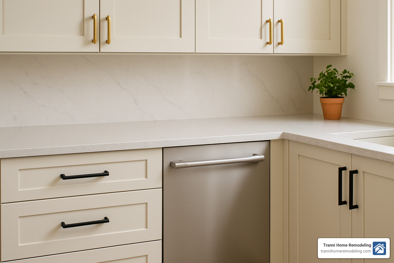 Trend collage showing quartz countertops, panel-ready appliances, and warm metal hardware - kitchen renovations