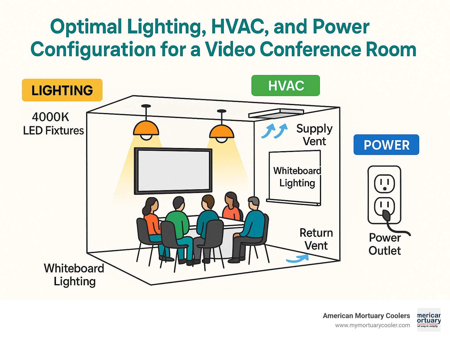 Diagram showing optimal lighting, HVAC, and power configuration for a video conference room - room equipment infographic 