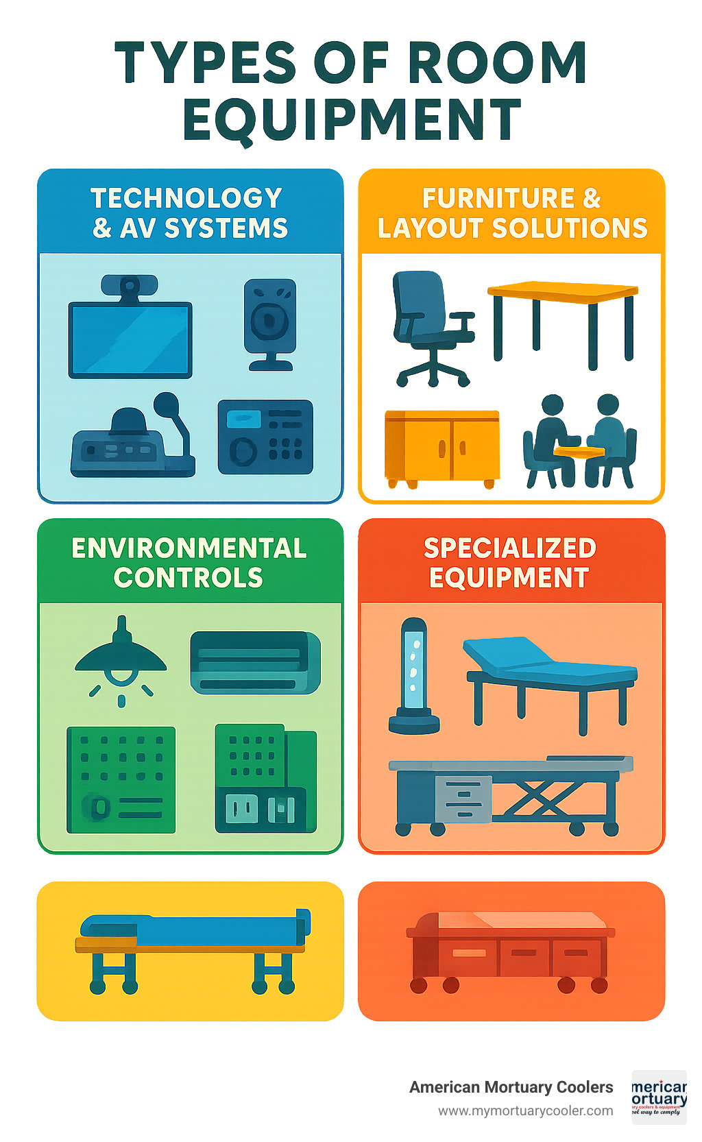 Comprehensive diagram showing different types of room equipment organized by function, including technological components, furniture elements, environmental controls, and specialized equipment for different industries - room equipment infographic 