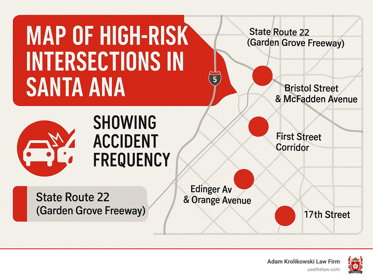 Map of high-risk intersections in Santa Ana showing accident frequency - santa ana car accidents lawyer infographic 