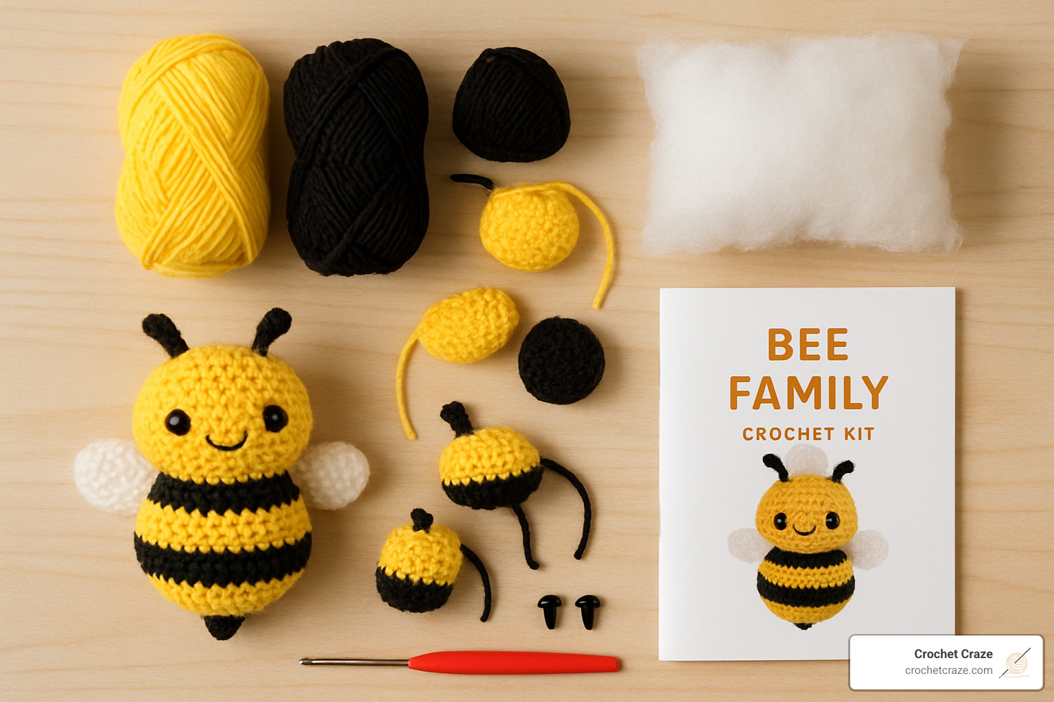 bee family crochet kit with materials laid out - Crochet project kits