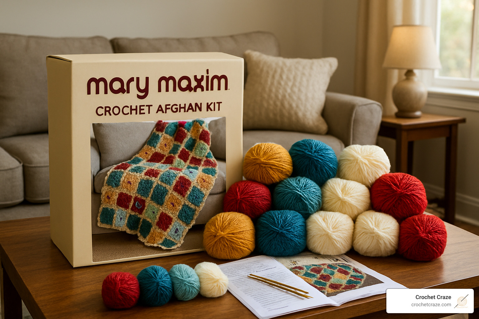 Mary Maxim afghan crochet kit with colorful yarn - Crochet project kits