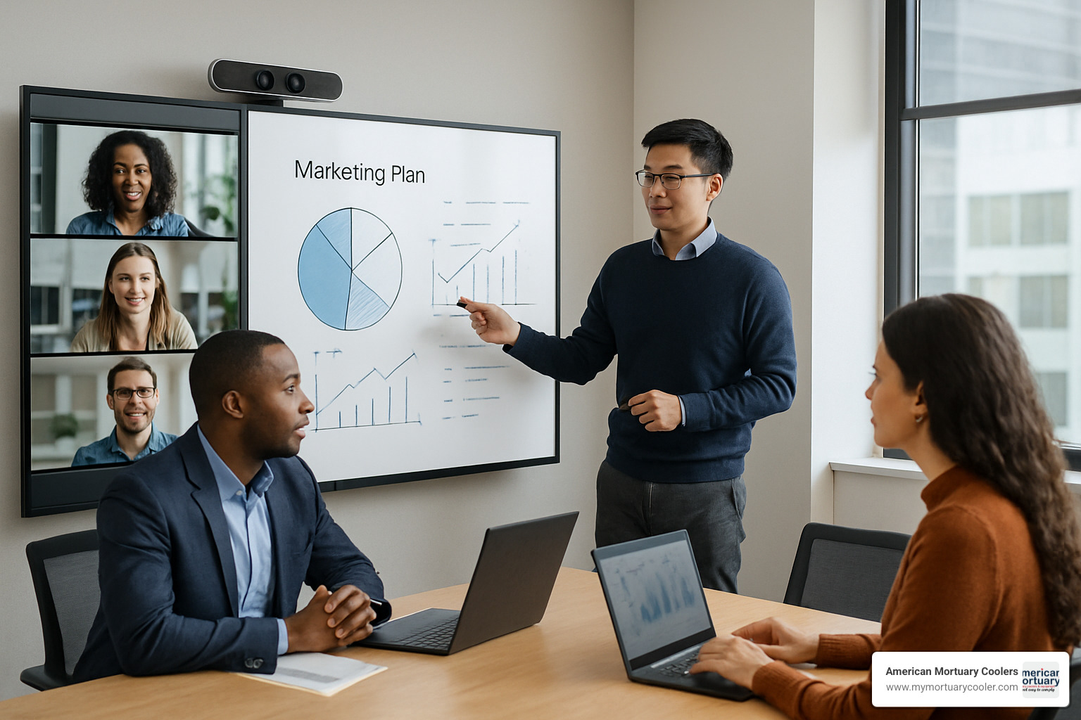 Modern meeting room with AI-enabled video conferencing equipment and digital whiteboard - room equipment