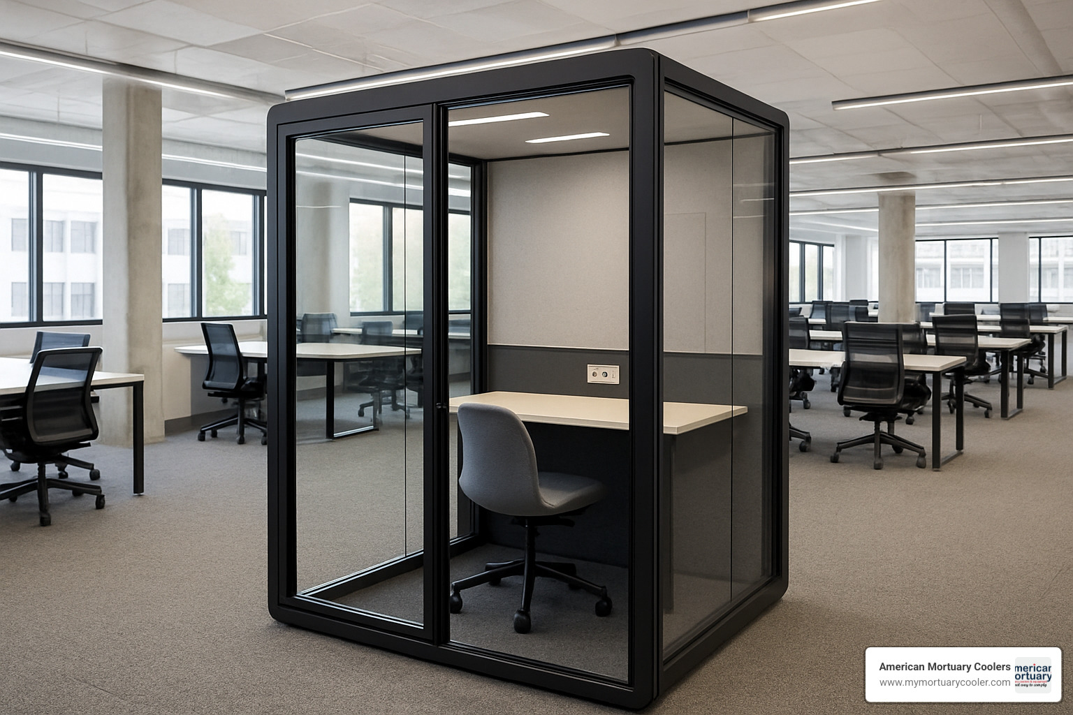 Modular office pod with soundproofing and integrated power - room equipment