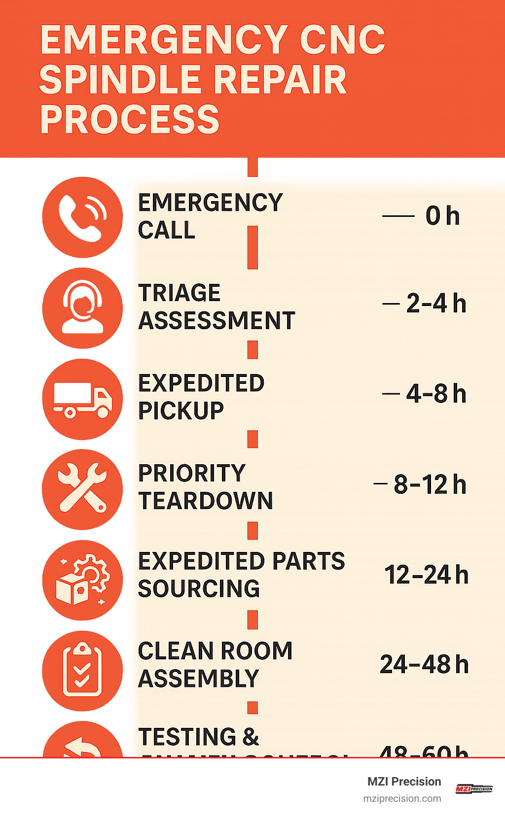 Emergency CNC spindle repair process showing the timeline from failure detection to machine restart, highlighting key stages: emergency call (0h), triage assessment (2-4h), expedited pickup (4-8h), priority teardown (8-12h), expedited parts sourcing (12-24h), clean room assembly (24-48h), testing and quality control (48-60h), and express return shipping (60-72h) - emergency CNC spindle repair infographic