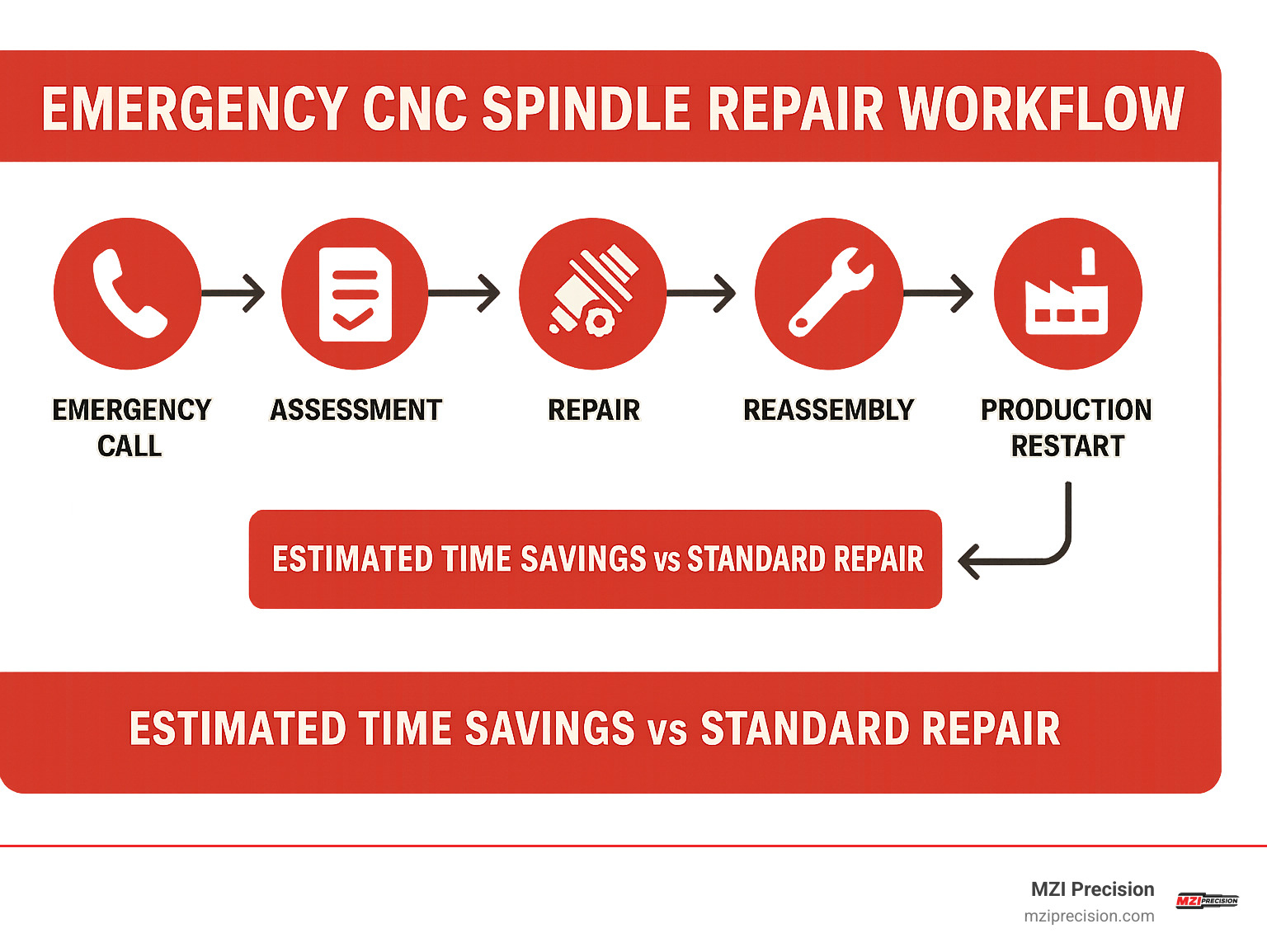 Emergency CNC spindle repair workflow showing the complete process from emergency call to production restart, with estimated time savings compared to standard repair - emergency CNC spindle repair infographic