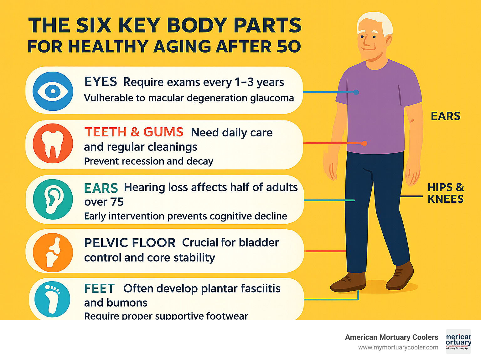 Detailed infographic showing the 6 key body areas requiring special attention after age 50, with specific prevention strategies for each - 6 body infographic 