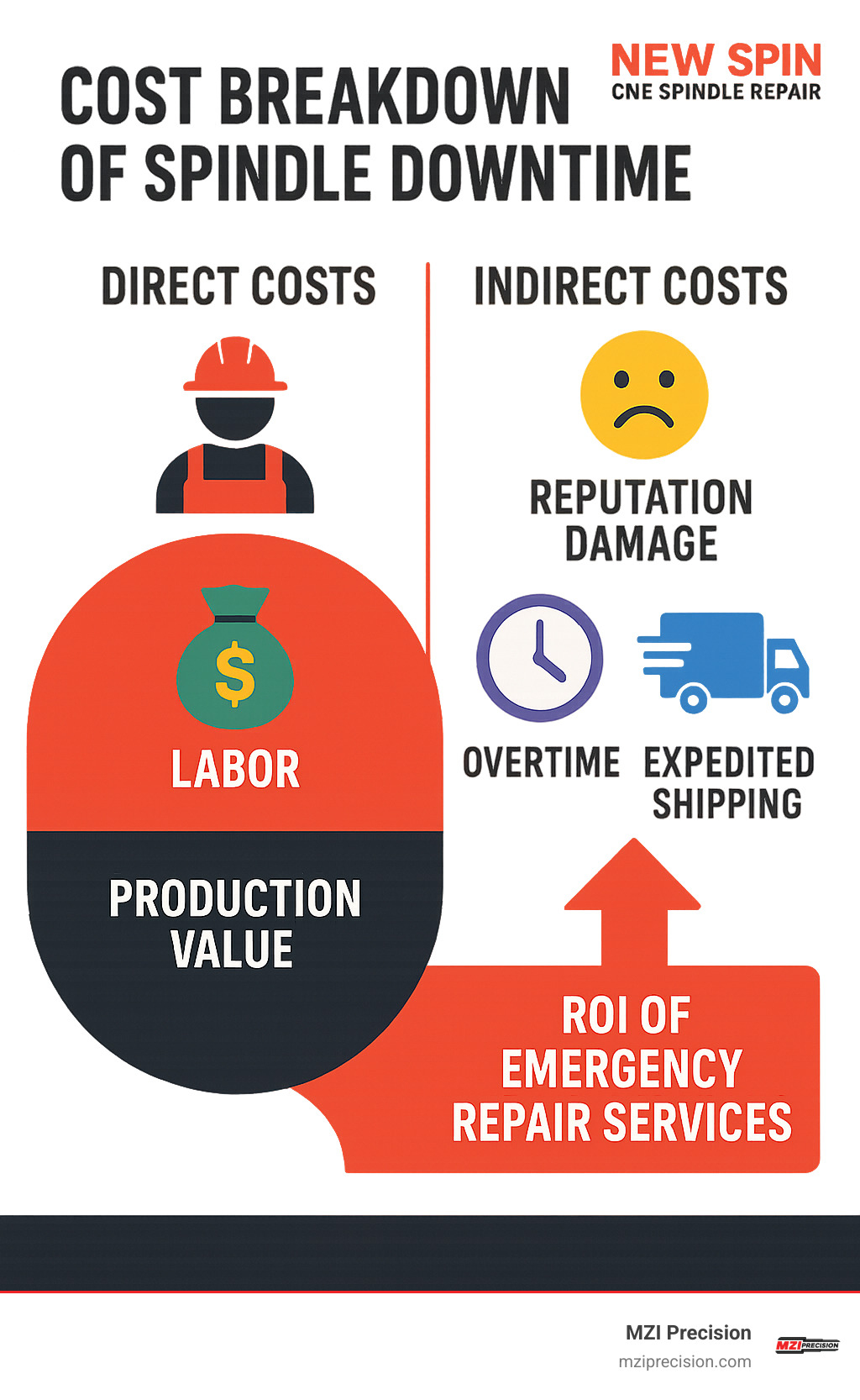 Cost breakdown of spindle downtime showing direct costs (labor, production value) versus indirect costs (reputation damage, overtime, expedited shipping) and the ROI of emergency repair services - emergency CNC spindle repair infographic