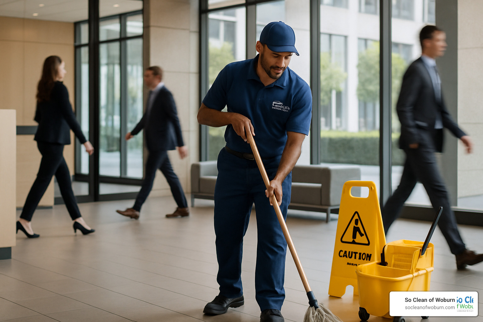 Day porter cleaning a lobby during business hours - commercial cleaning Medford Day porter cleaning a lobby during business hours - commercial cleaning Medford